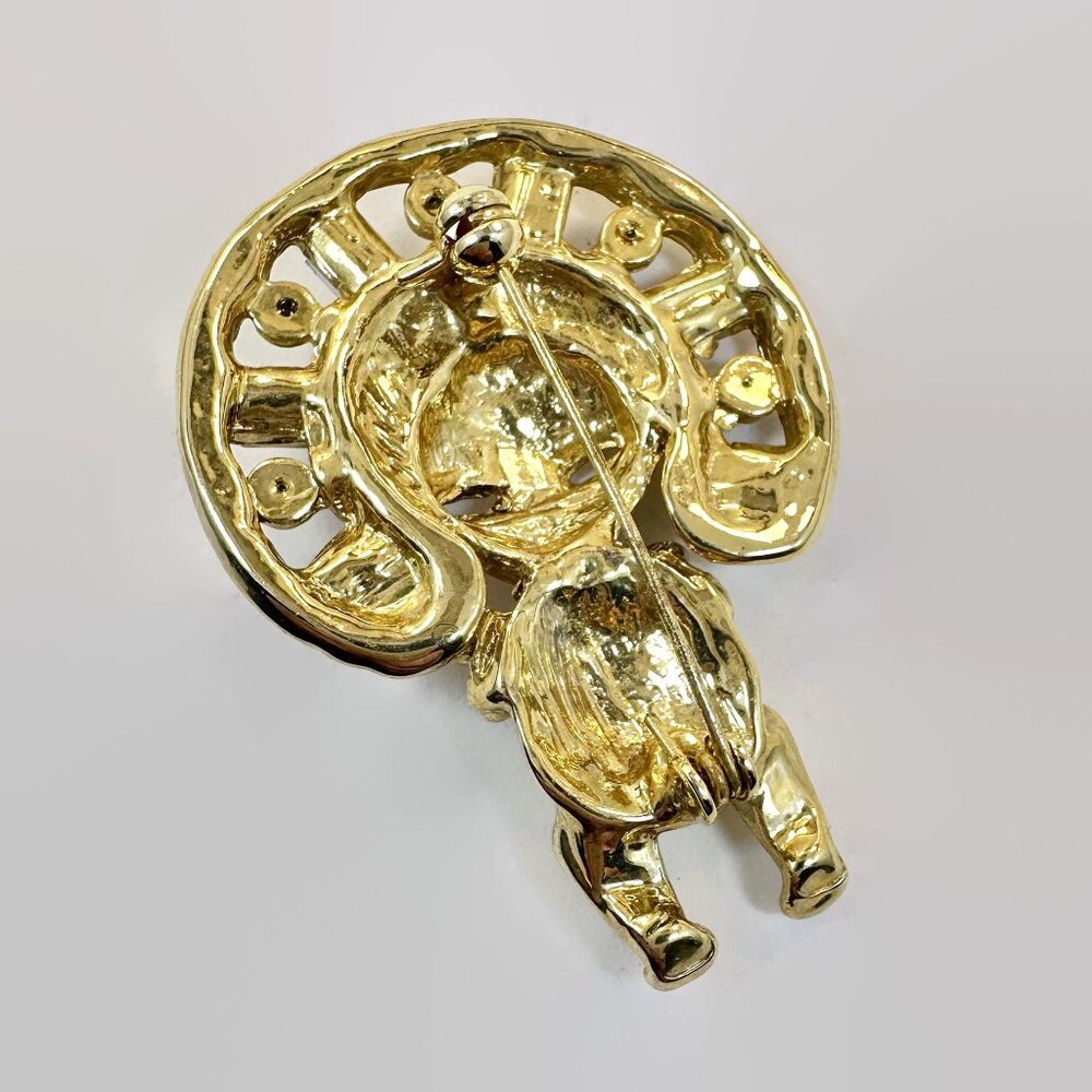 Vintage Brooch, Aztec, Mayan, Sun God, Gold Plated, Jeweled, 1980s, Headress - Picture 3 of 3